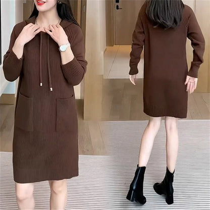 Women's knitted dress with hood and practical pockets NOVAE