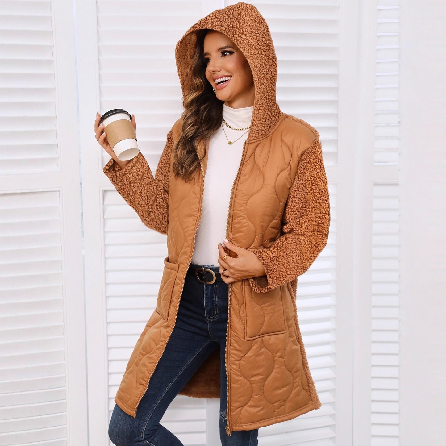 Women's long jacket with teddy-like lining and practical pockets NOVAE
