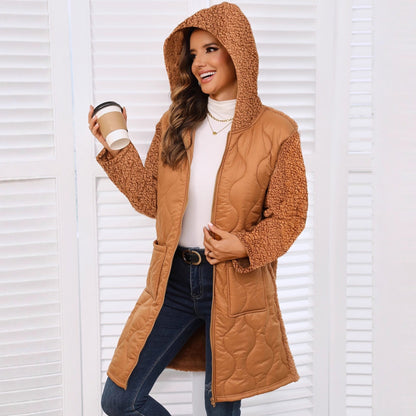 Women's long jacket with teddy-like lining and practical pockets NOVAE