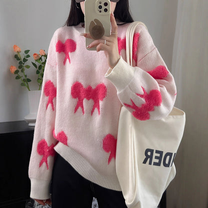 Women's Cozy Knit Sweater with Playful Bow Motif NOVAE
