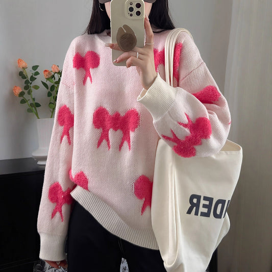 Women's Cozy Knit Sweater with Playful Bow Motif NOVAE