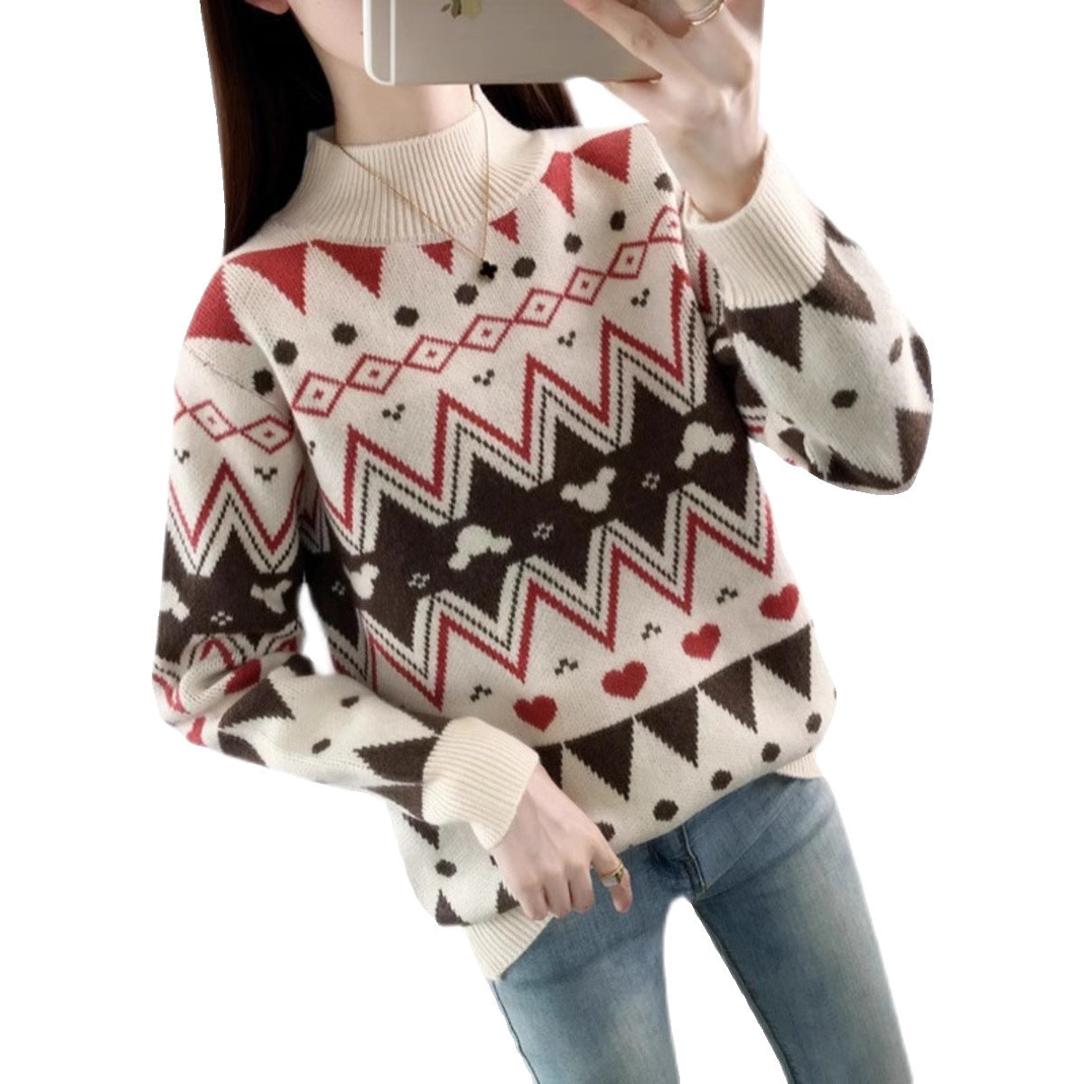 Women's festive knit sweater in a modern Christmas design with a geometric pattern and comfortable round neckline NOVAE