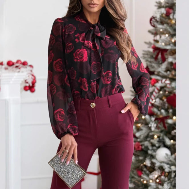 Women's transparent blouse with floral design and elegant bow collar NOVAE