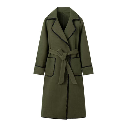 Women's elegant long coat with adjustable belt and contrasting seams NOVAE