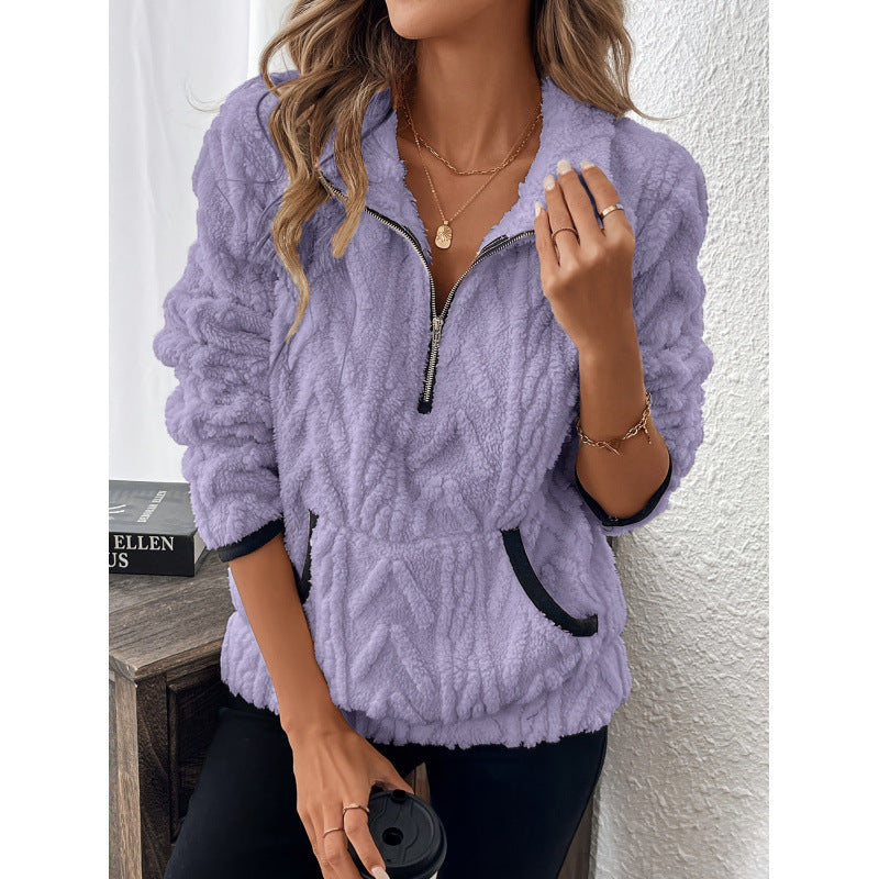 Women's fluffy teddy sweater with half zipper and high collar NOVAE
