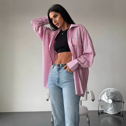 Women's casual long-sleeved blouse with fine stripes NOVAE