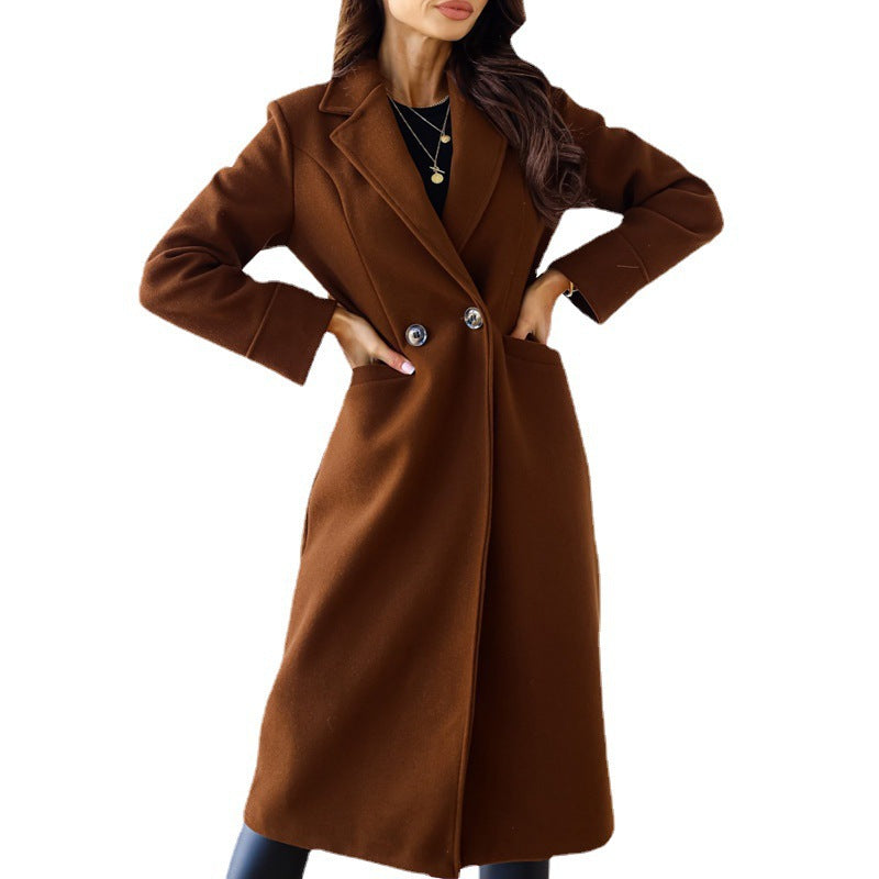 Women's elegant wool coat with double chest button placket and practical pockets NOVAE