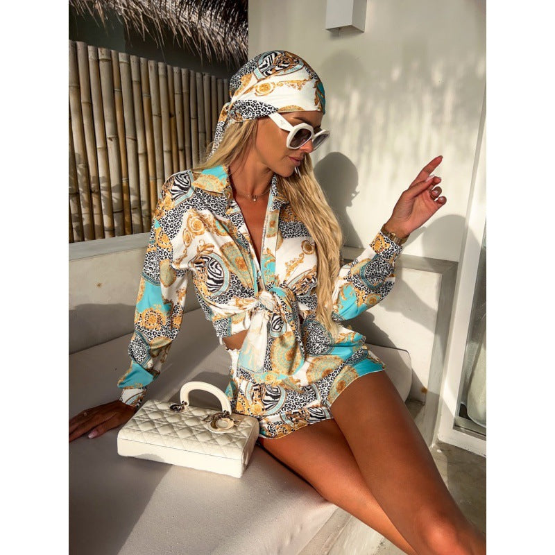 Women's checked short suit with stylish tie belt and fashionable print NOVAE