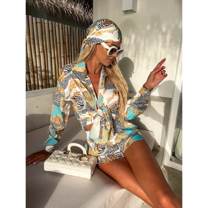 Women's checked short suit with stylish tie belt and fashionable print NOVAE