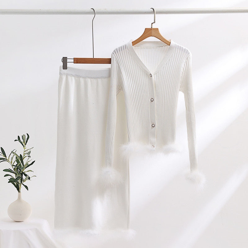 Women's knit ensemble with fine fur trim NOVAE