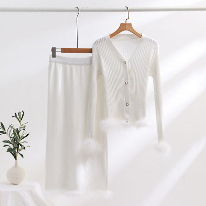 Women's knit ensemble with fine fur trim NOVAE