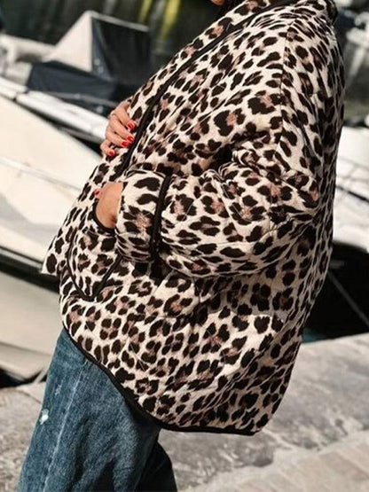 Women's fashionable quilted jacket with leopard print and pockets NOVAE