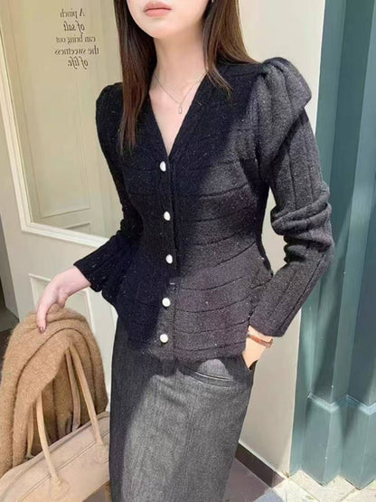 Women's elegant cardigan with structured design and feminine puff sleeves NOVAE