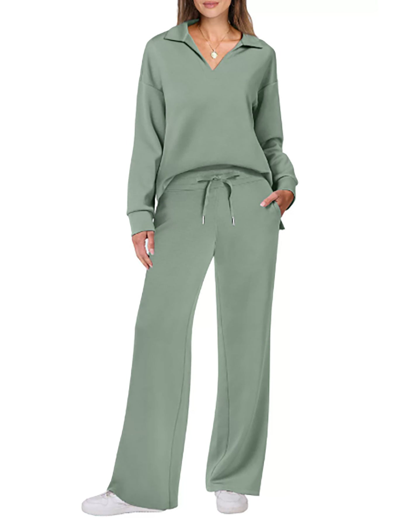 Women's Casual Lounge Set with Wide Leg and V-Neck NOVAE