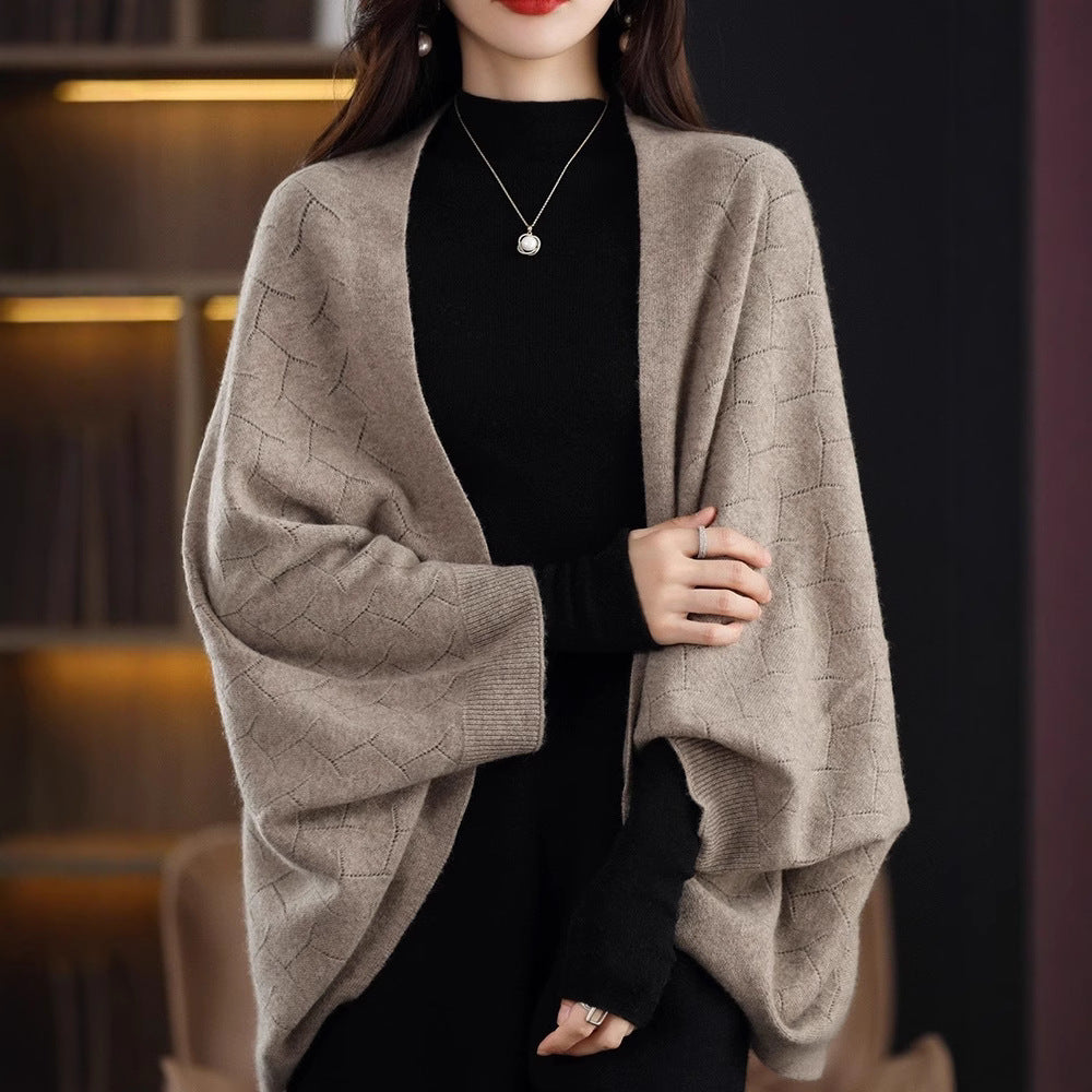 Women's Large Knit Poncho with Modern Diamond Pattern NOVAE