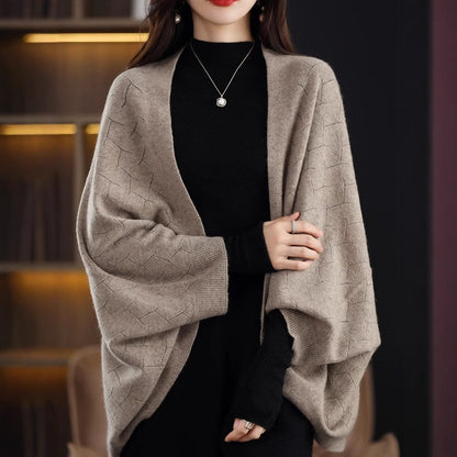 Women's Large Knit Poncho with Modern Diamond Pattern NOVAE