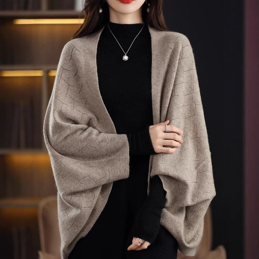 Women's Large Knit Poncho with Modern Diamond Pattern NOVAE