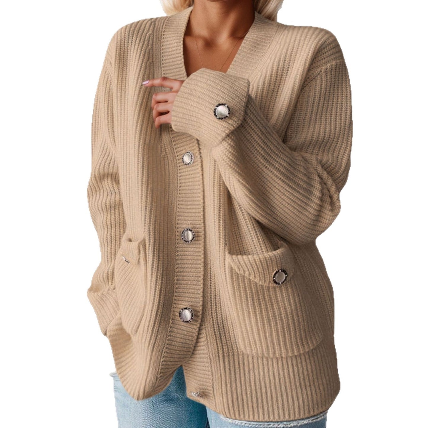Women's chunky knit cardigan with practical pockets and elegant button details NOVAE