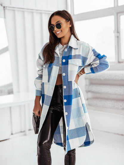 Women's checked button-up coat with rounded hem NOVAE