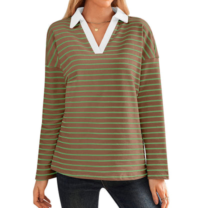 Women's striped polo shirt with V-neck and contrasting collar NOVAE