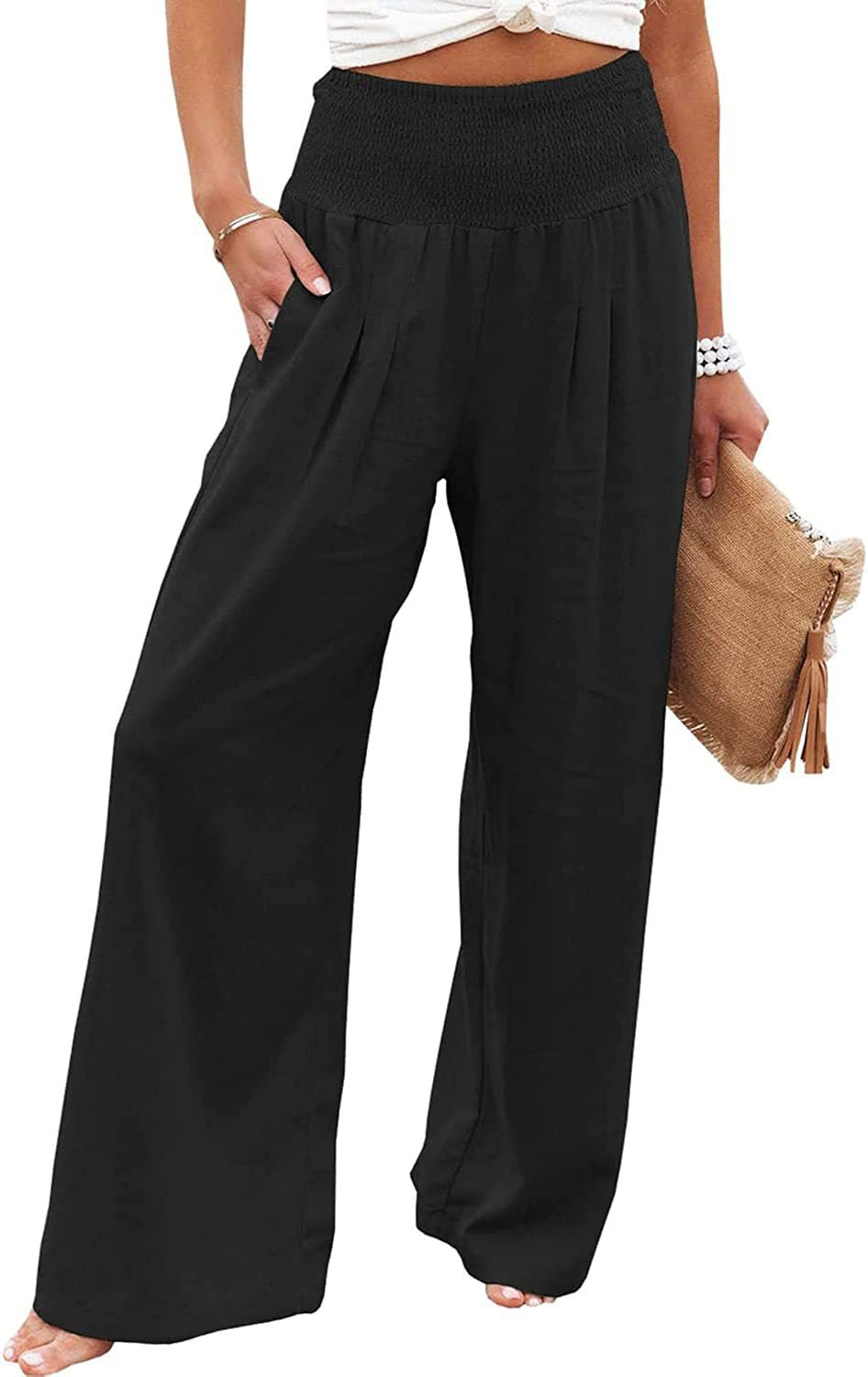 Women's airy linen trousers with elasticated waistband and wide cut NOVAE
