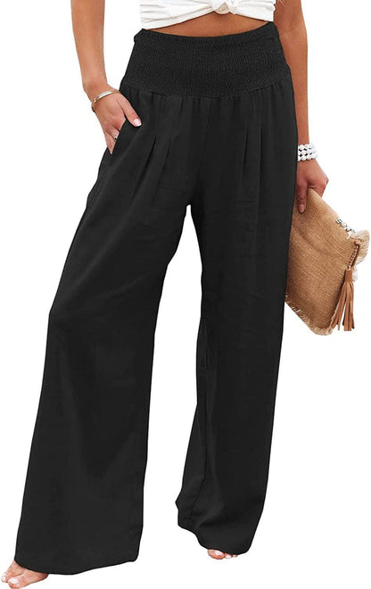Women's airy linen trousers with elasticated waistband and wide cut NOVAE