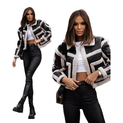 Women's short jacket with modern fleece finish and trendy check pattern NOVAE