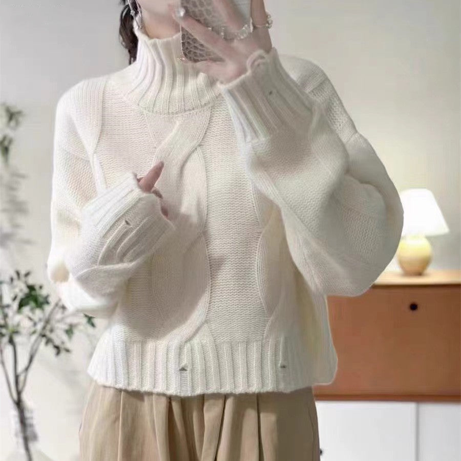 Women's knitted sweater with high collar and cable pattern NOVAE