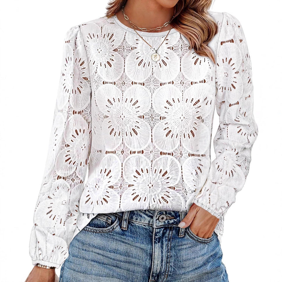 Women's stylish blouse shirt with floral openwork pattern and wide sleeves NOVAE