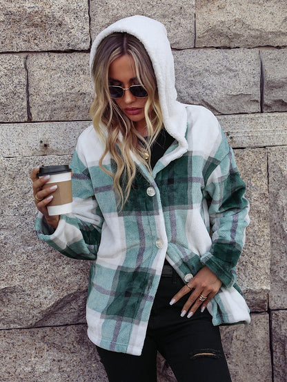 Women's Cozy Fleece Jacket with Hood and Checkered Design NOVAE