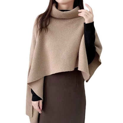 Women's knitted poncho with high collar and elegant ribbed texture NOVAE