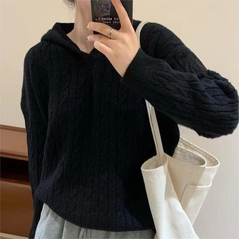Women's Cozy Knit Sweater with Hood and Cable Pattern NOVAE