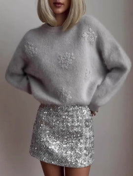 Women's Glamorous Sequin Skirt with Floral Detail NOVAE