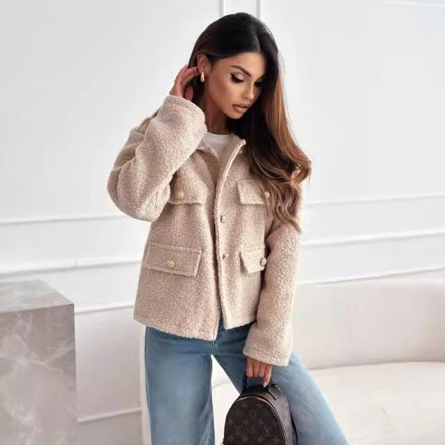 Women's teddy jacket with practical pockets and elegant button details NOVAE