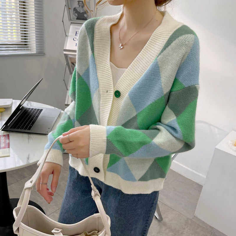 Women's cardigan with modern diamond pattern NOVAE