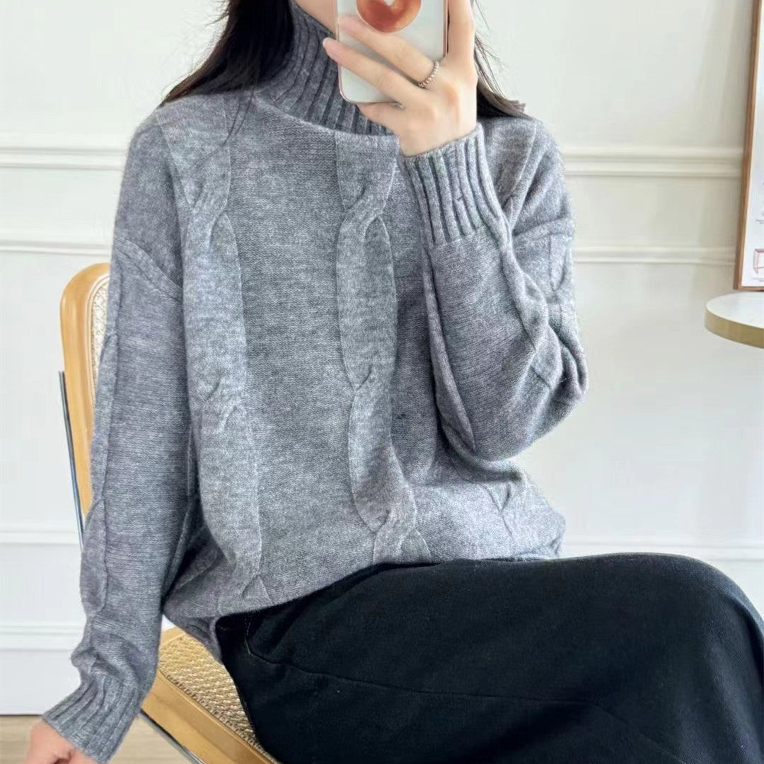 Women's knitted sweater with high collar and cable pattern NOVAE