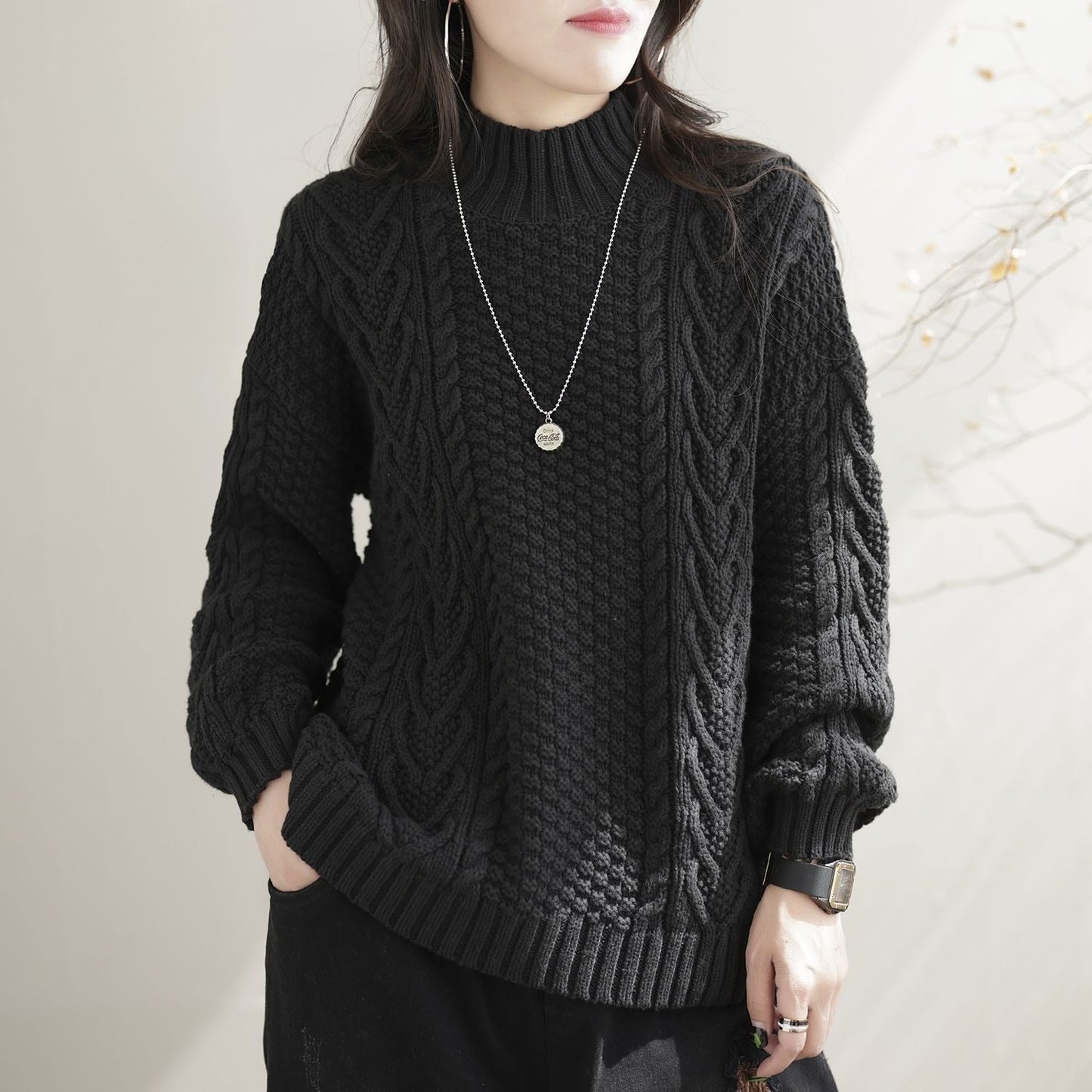Women's chunky knit sweater with high collar and cable pattern NOVAE