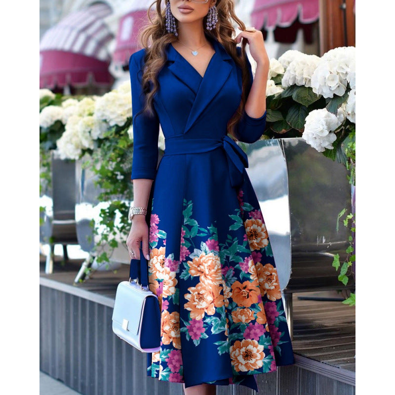 Women's wrap dress with floral design and elegant collar NOVAE