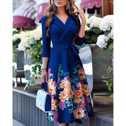 Women's wrap dress with floral design and elegant collar NOVAE