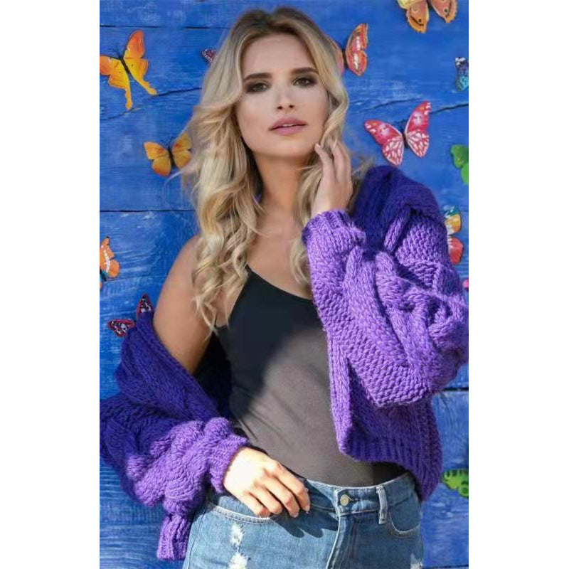 Women's knitted hooded jacket with voluminous fabric and cable knit pattern NOVAE