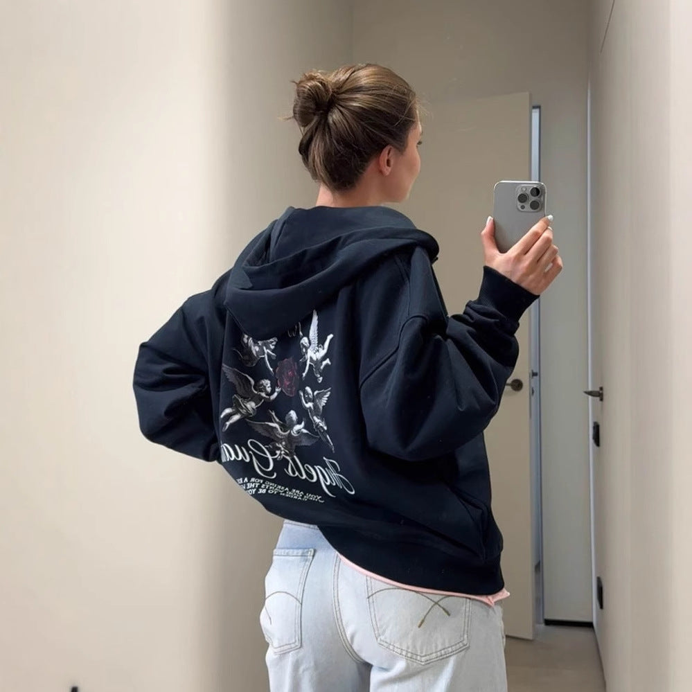 Women's hoodie with artistic angel motif and fashionable NOVAE lettering