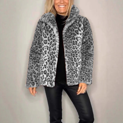 Women's Fluffy Leopard Print Jacket with High Collar NOVAE