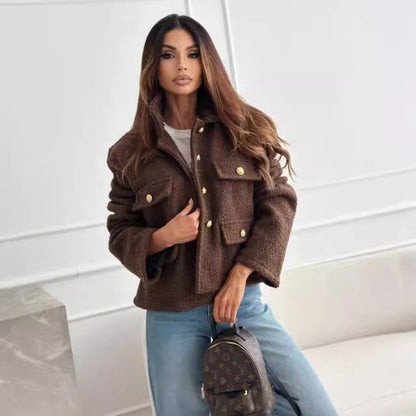 Women's teddy jacket with practical pockets and elegant button details NOVAE