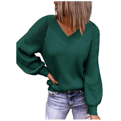 Women's V-neck and balloon sleeve knit sweater NOVAE