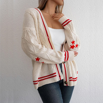 Women's chunky knit cardigan with elegant star appliqués and contrasting details NOVAE