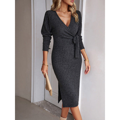 Women's wrap dress with deep V-neck and waist belt NOVAE