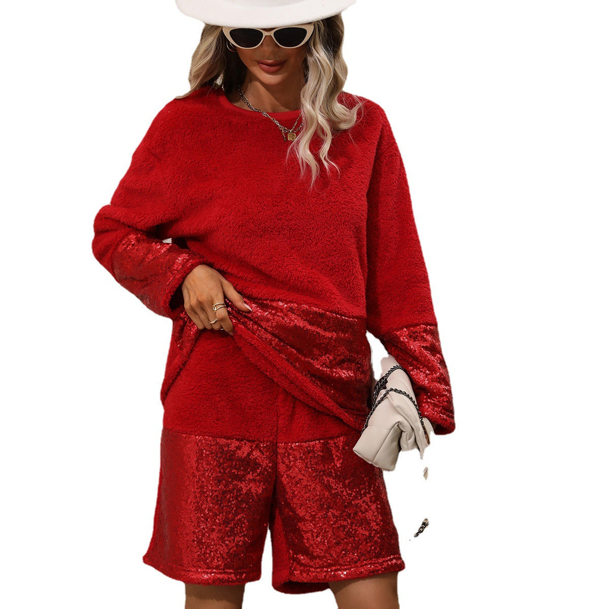 Women's Cozy Fleece Set with Shiny Shorts and Soft Top NOVAE