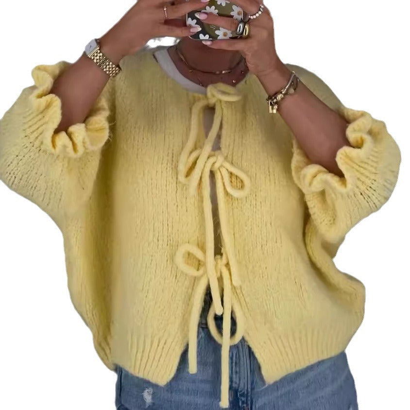 Women's trendy knit cardigan with gathers and ties NOVAE