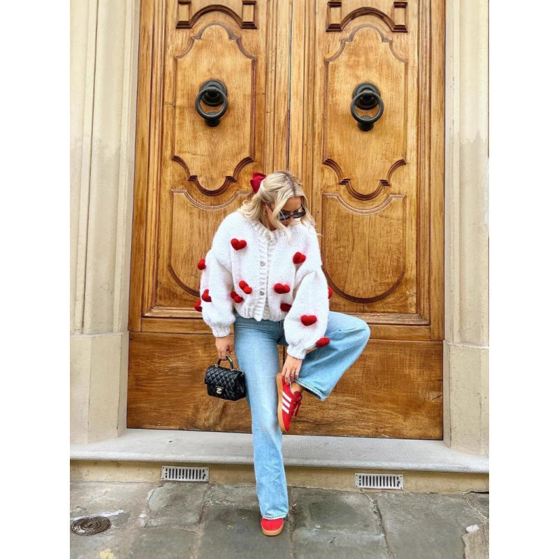 Women's playful knit cardigan with heart appliqués NOVAE