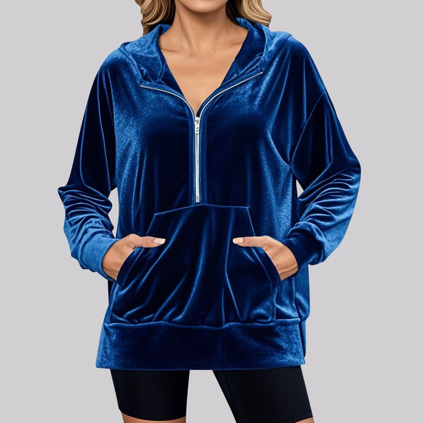 Women's velour hoodie with high collar and practical pockets NOVAE
